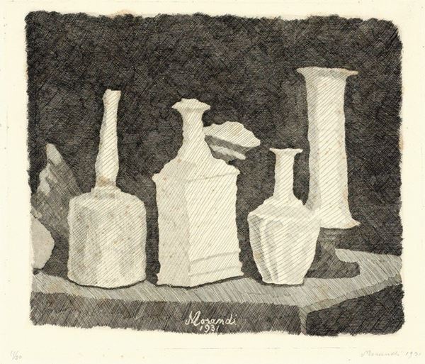 Giorgio Morandi - Natura morta con oggetti bianchi su fondo scuro