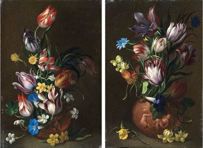 Due Dipinti a Soggetto «natura Morta con Fiori in Vaso Istoriato»