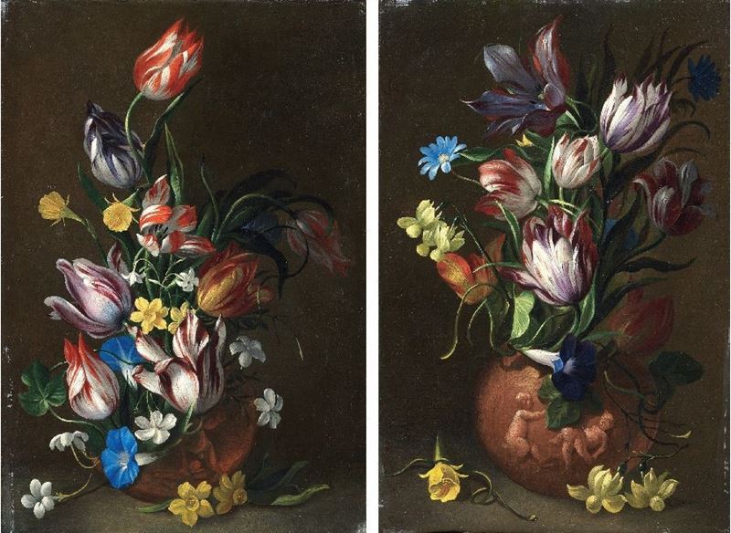 Niccolò Stanchi - Due Dipinti a Soggetto «natura Morta con Fiori in Vaso Istoriato»
