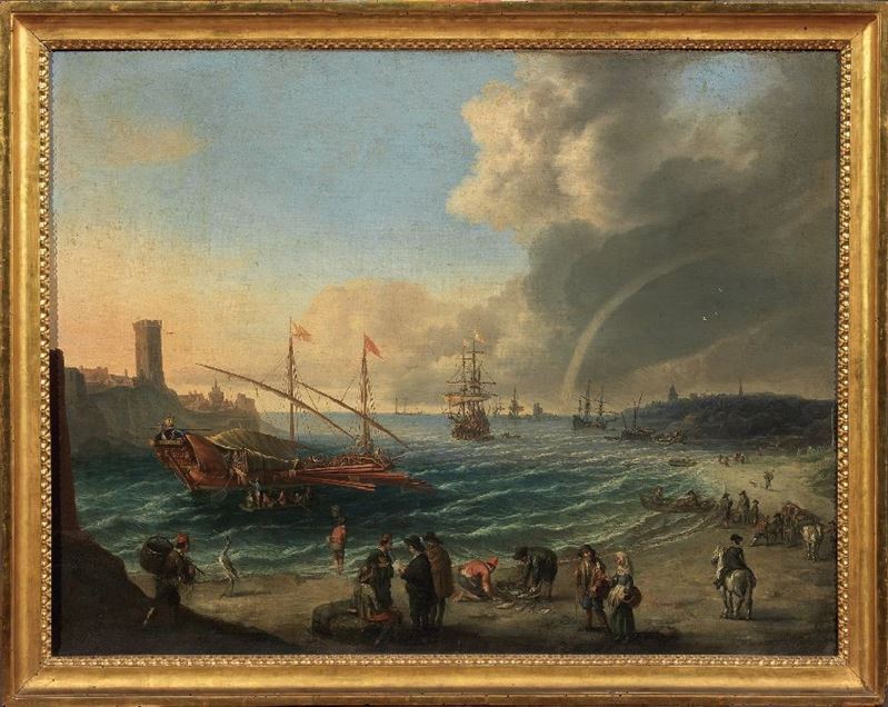 Scuola Olandese del XVII Secolo - Veduta di Porto con Arcobaleno e Vascelli