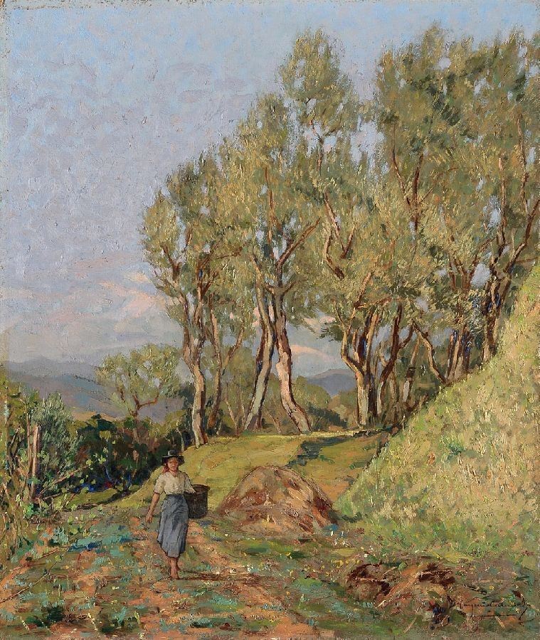 Eugenio Carraresi - Campagna Toscana con Contadina