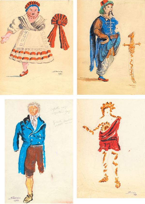 Alberto Savinio - Lotto di quattro bozzetti per costumi teatrali