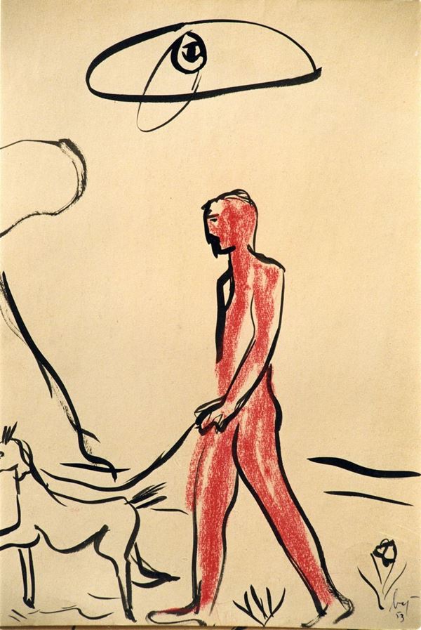 Enrico Baj : Uomo con cane  (1953)  - Inchiostro e pastello su carta - Auction Dipinti disegni sculture grafica Arte Contemporanea - I - Casa d'aste Farsettiarte