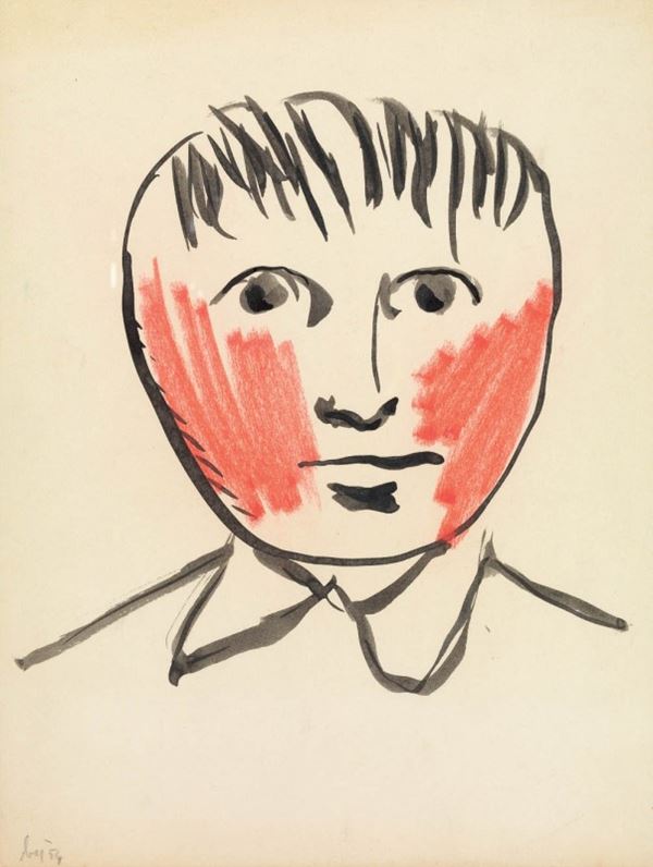 Enrico Baj : Ritrattino  (1954)  - China e pastello su carta - Asta Dipinti disegni sculture grafica Arte Contemporanea - I - Casa d'aste Farsettiarte