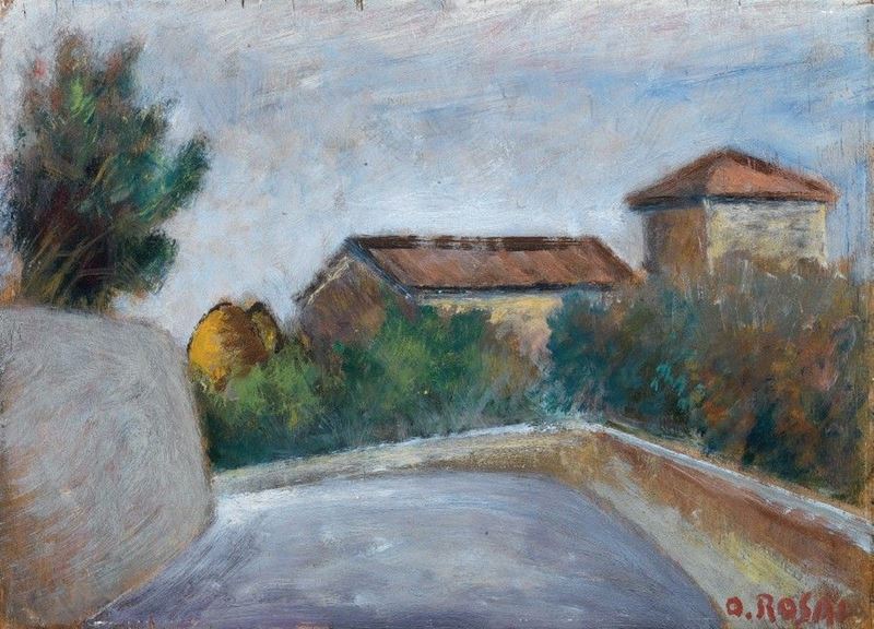 Ottone Rosai - Strada con Case e Alberi