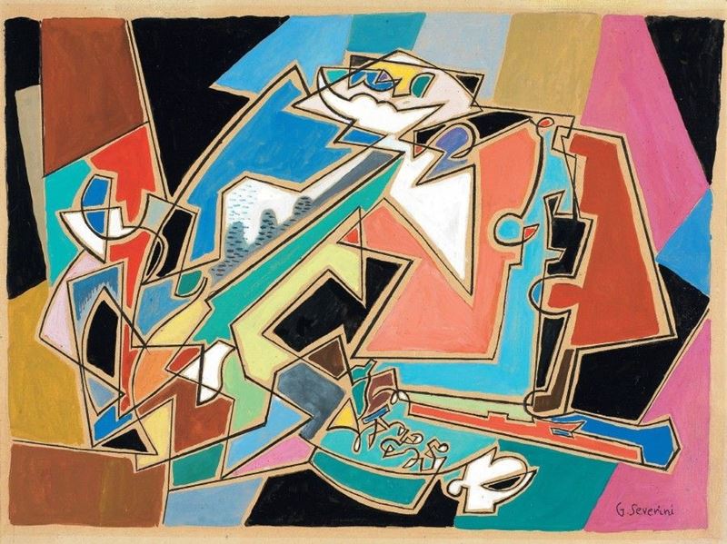 Gino Severini - Natura Morta con Chitarra, Fruttiera e Bottiglia