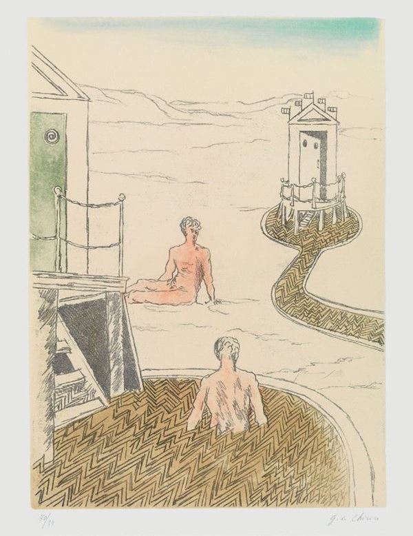 Giorgio de Chirico : Bagnanti pomeridiani  (1973)  - Acquaforte/acquatinta, es. 70/99 - Auction Dipinti disegni sculture grafica Arte Contemporanea - I - Casa d'aste Farsettiarte