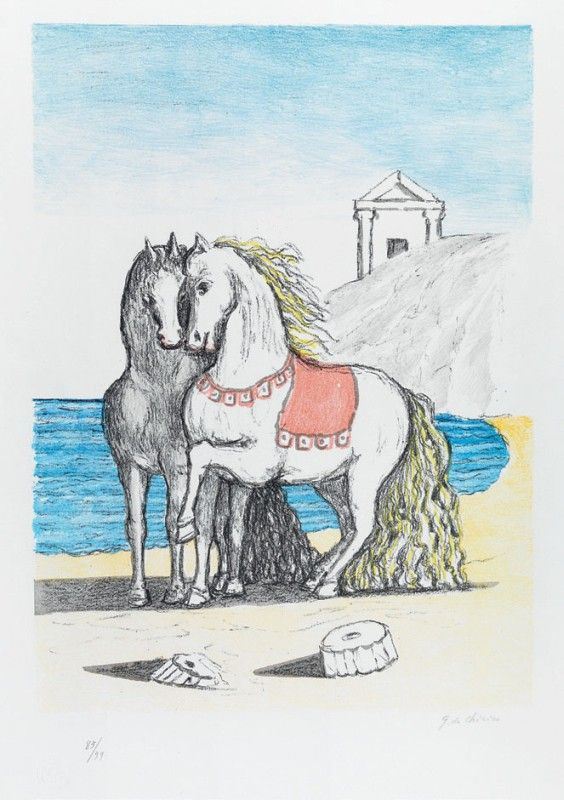 Giorgio de Chirico : Cavalli con gualdrappa rossa  (1976)  - Litografia a 7 colori, es. 83/99 - Auction Dipinti disegni sculture grafica Arte Contemporanea - I - Casa d'aste Farsettiarte