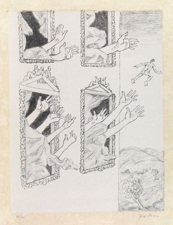 Giorgio de Chirico : Le mani misteriose  (1973)  - Litografia, es. XV/XX - Auction Dipinti disegni sculture grafica Arte Contemporanea - I - Casa d'aste Farsettiarte