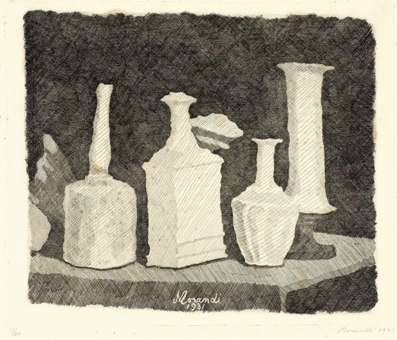Giorgio Morandi - Natura Morta con Oggetti Bianchi su Fondo Scuro
