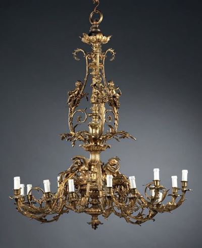 Grande Lampadario in Bronzo Dorato