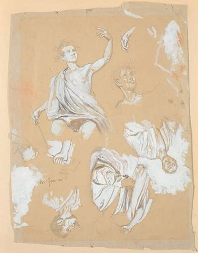 Studi di figure e soldati, tre disegni a matita e biacca su carta