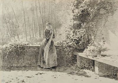 Donna con la Sciarpa in Terrazza con Cesto di Fiori