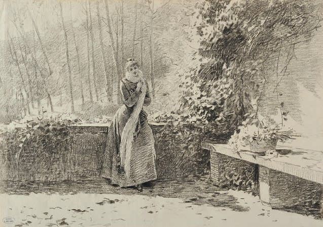 Louis Émile Adan - Donna con la Sciarpa in Terrazza con Cesto di Fiori