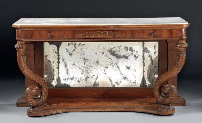 Consolle Lastronata in Legno di Noce con Piano in Marmo Bianco