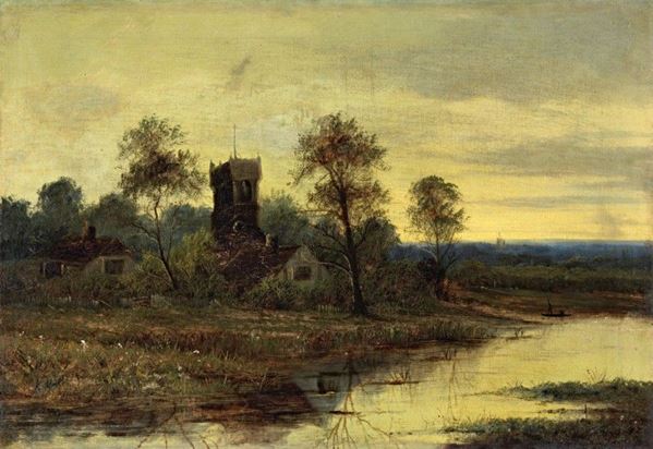 Ignoto del XIX secolo - Paesaggio fluviale con torre