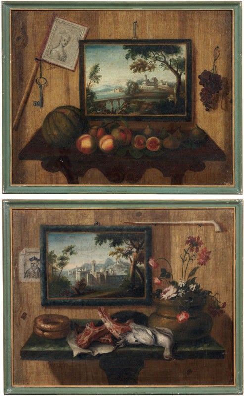 Francesco Gianlisi (attr. a) - «Natura morta di fiori e selvaggina con trompe-l'oeil di paesaggio» e «Natura morta di frutta con trompe l'oeil di paesaggio con piante»