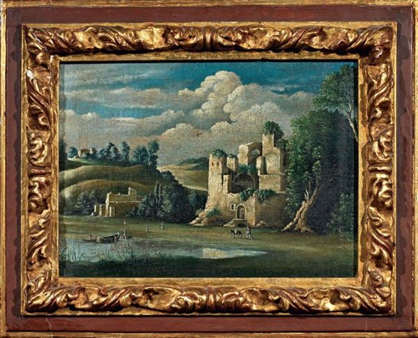 Scuola italiana fine XVIII secolo : Paesaggio con castello  - Olio su tela - Asta Arredi e Dipinti Antichi - I - Casa d'aste Farsettiarte