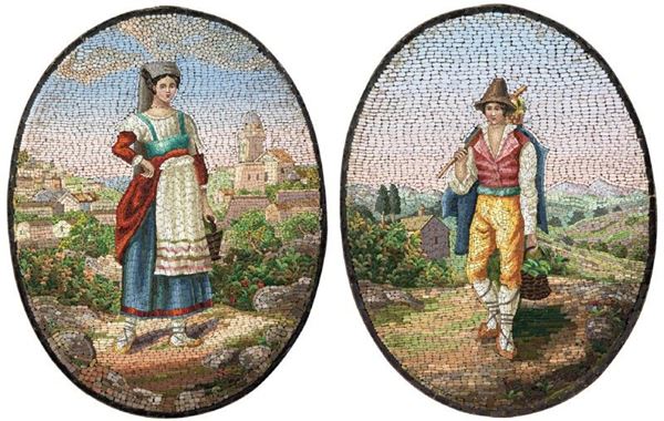Lotto di due micromosaici ovali raffiguranti «Contadina» e «Contadino della Ciociaria»