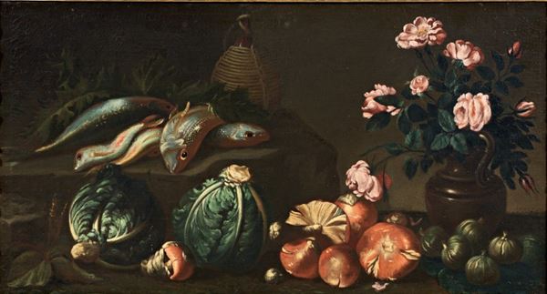 Simone Del Tintore (attr. a) - Natura morta con fiori, ortaggi e pesci