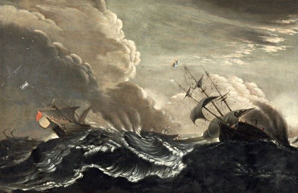 Scuola fiamminga seconda met&#224; del XVII secolo - Paesaggio marino con navi nella tempesta