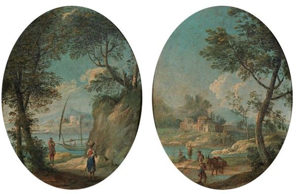Paolo Anesi (attr. a) - «Paesaggio con fiume e viandante» e «Paesaggio con lago e barca»