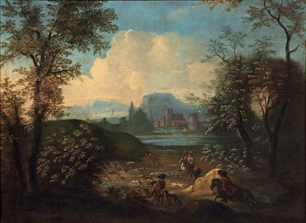 Scuola fiamminga del XVIII secolo - Paesaggio con scena di caccia