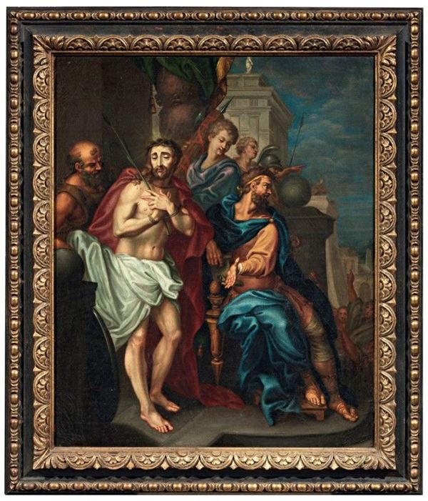 Scuola fiamminga fine XVII secolo : Gesù di fronte a Pilato  - Olio su tela - Auction Arredi e Dipinti Antichi - I - Casa d'aste Farsettiarte