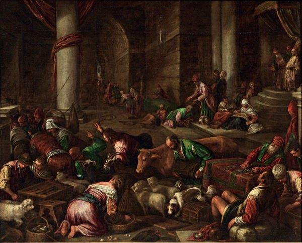 Francesco Dal Ponte, detto Bassano : Gesù caccia i mercanti dal Tempio  - Olio su tela - Auction Arredi e Dipinti Antichi - I - Casa d'aste Farsettiarte