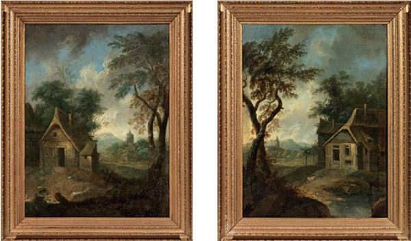 Scuola olandese XVII - XVIII secolo - «Paesaggio con casa» e «Paesaggio con torre»