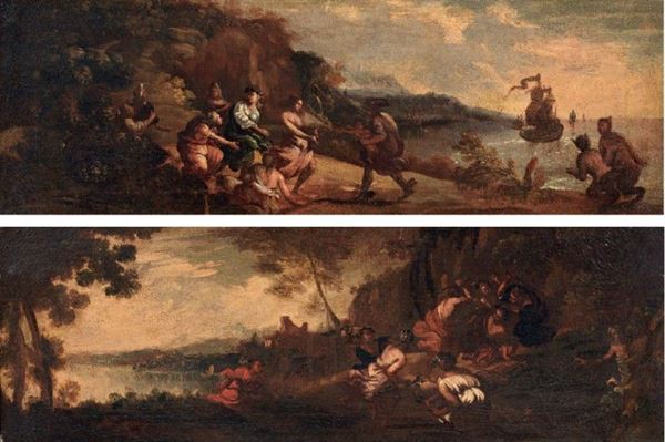 Scuola veneta fine XVII secolo - «Paesaggio con scena di ratto» e «Paesaggio con scena di violenza»