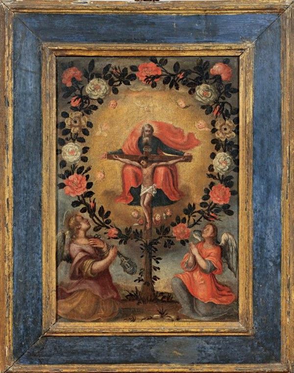 Scuola Italia settentrionale fine XVII secolo - L'albero della Croce con Gesù, Padre Eterno e Angeli