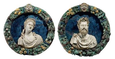 Due Medaglioni con Ghirlanda in Terracotta Policroma Invetriata
