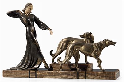 Scultura Raffigurante «donna che Incede a Passo di Danza con Due Levrieri»