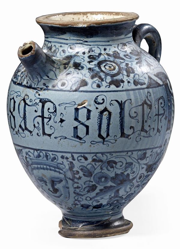 Orciuolo con beccuccio in maiolica blu e azzurro