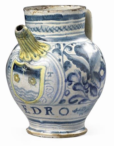 Orciolo con Beccuccio in Maiolica Policroma Blu, Giallo e Verde