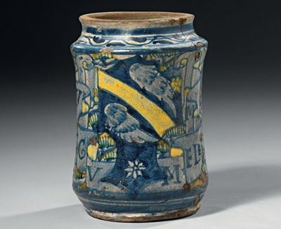 Albarello in Maiolica Policroma Blu, Giallo e Verde