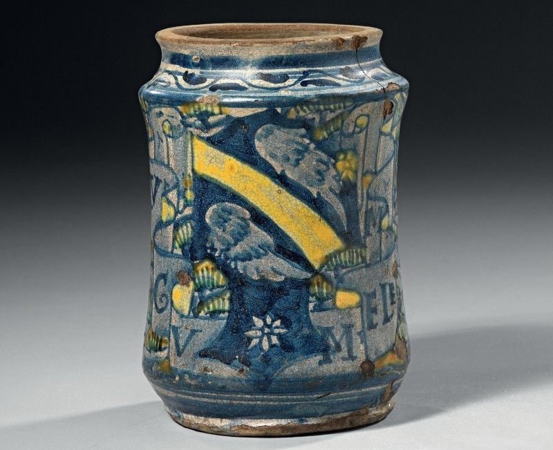 Albarello in Maiolica Policroma Blu, Giallo e Verde