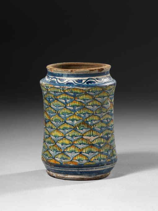 Albarello in Maiolica Policroma Blu, Giallo e Verde