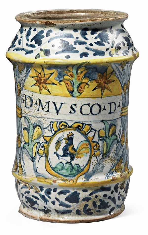 Albarello in maiolica policroma giallo, blu, verde e ocra