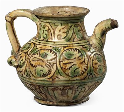 Brocchetta in Maiolica Policroma Verde Rame e Giallo Ferraccia