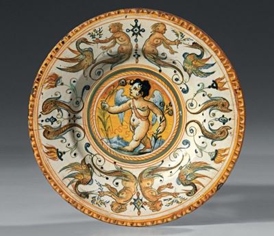 Piatto con Cavetto in Maiolica Policroma Giallo, Ocra, Verde e Blu