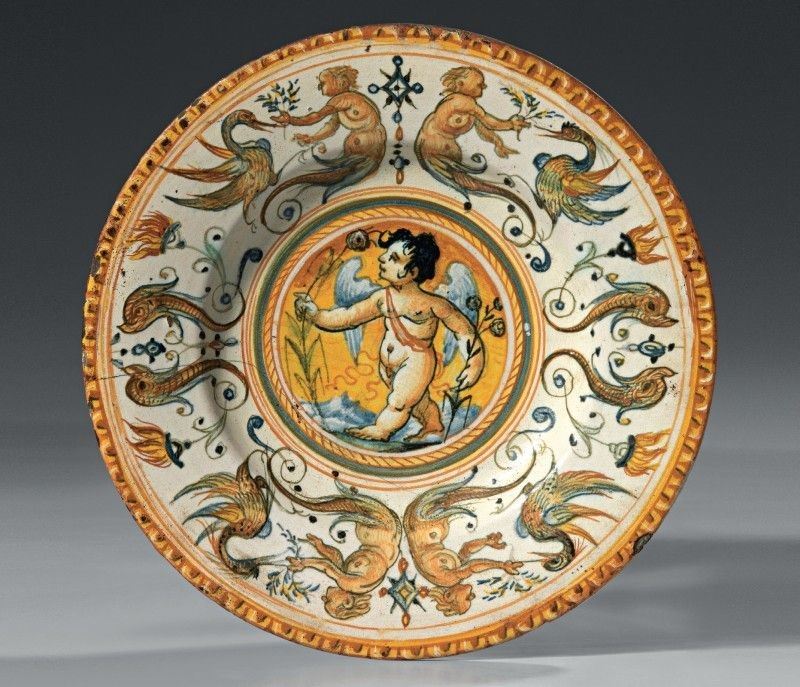 Piatto con Cavetto in Maiolica Policroma Giallo, Ocra, Verde e Blu
