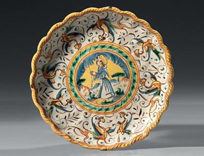 Alzata in Maiolica Policroma Giallo, Verde e Blu