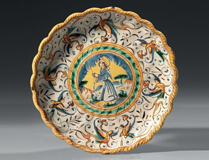 Alzata in Maiolica Policroma Giallo, Verde e Blu