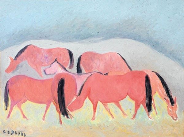 Giuseppe Cesetti - Cinque cavalli al pascolo