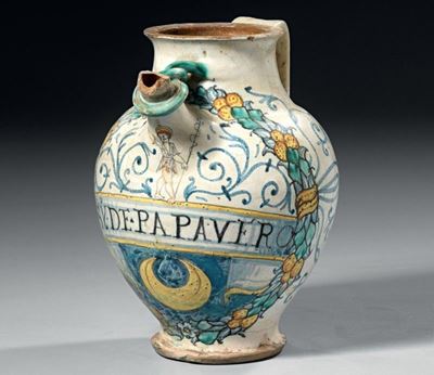 Orciolo in Maiolica Policroma Verde, Giallo e Azzurro