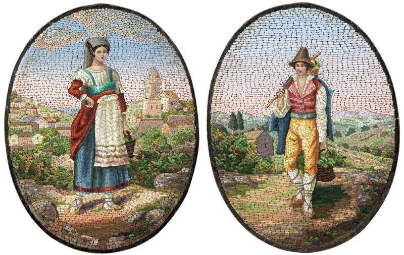 Lotto di Due Micromosaici Ovali Raffiguranti «contadina» e «contadino della Ciociaria»