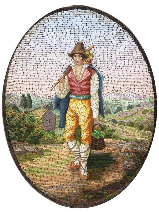 Lotto di Due Micromosaici Ovali Raffiguranti «contadina» e «contadino della Ciociaria»