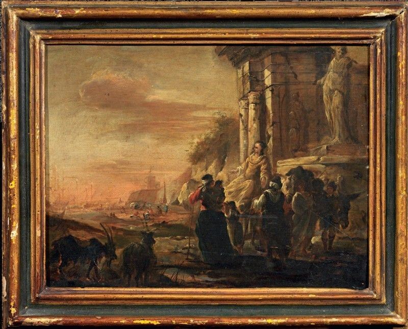 Scuola Fiamminga del XVII Secolo - Veduta di Porto con Rovine e Figura